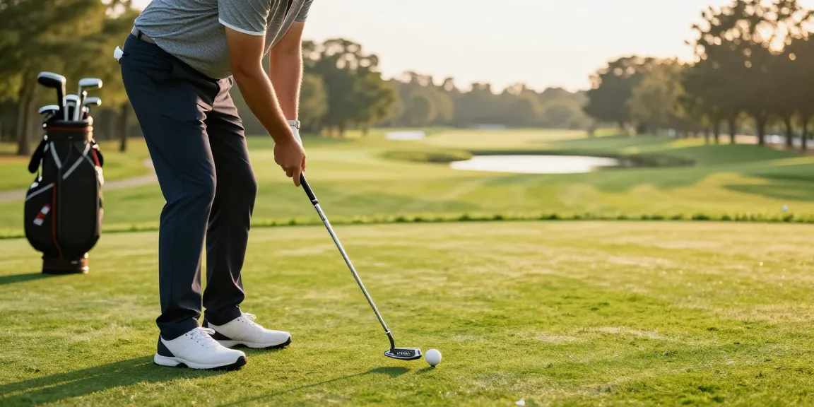 Ulasan putter dari https://puttperfection.com/putter-reviews dengan golfer memfokuskan pada putt di lapangan golf hijau.