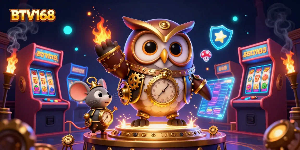 BTV168 features a steampunk owl and mouse in a dynamic casino scene with vivid arcade games.
