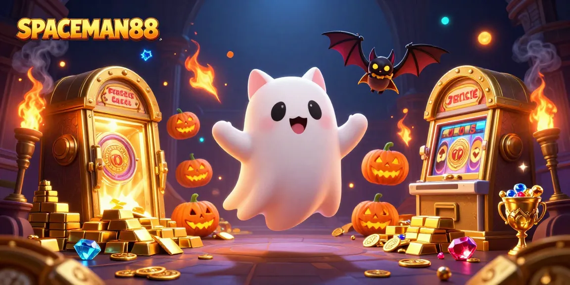 SPACEMAN88 brings gaming magic alive with a ghost cat, bat companion, and glowing treasures in a haunted casino.