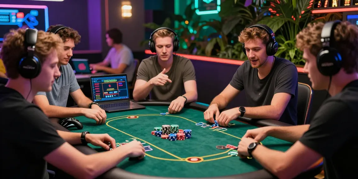 Exciting online casinos Australia scene with players at a digital poker table enjoying high-tech gaming.