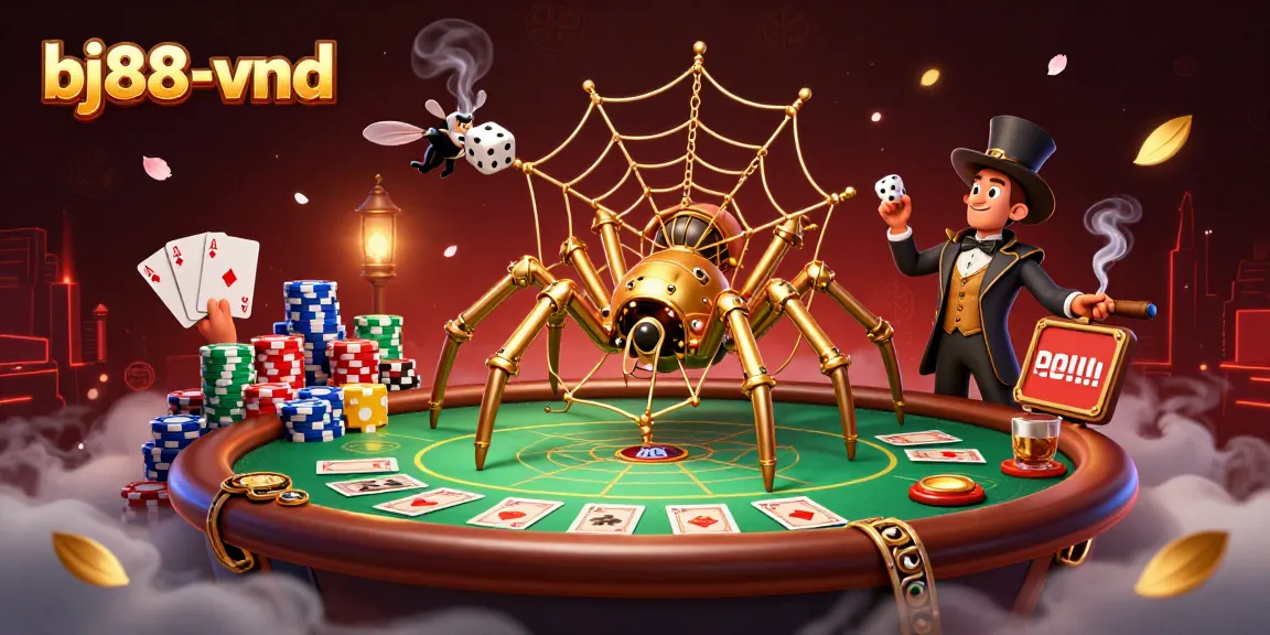 Experience thrilling gameplay at bj88-vnd with a dynamic 3D illustration of a steampunk spider webbing poker action.