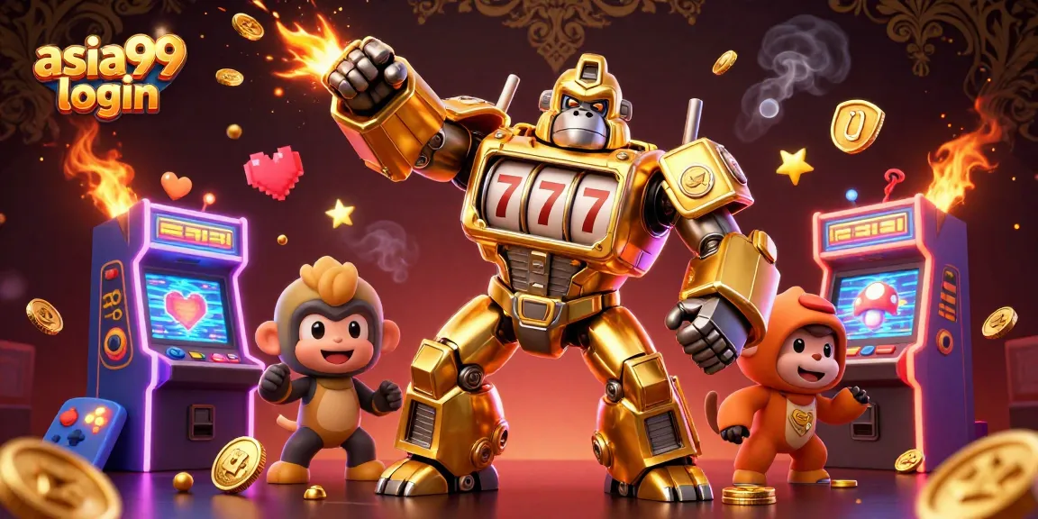 Experience excitement with asia99 login, featuring a golden gorilla mech and vibrant game elements in a dynamic casino scene.