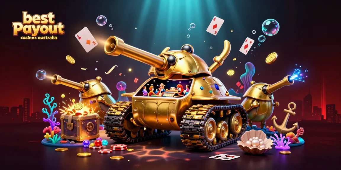 Delve into the best payout casinos Australia with a vibrant 3D illustration showcasing a golden beetle casino tank.