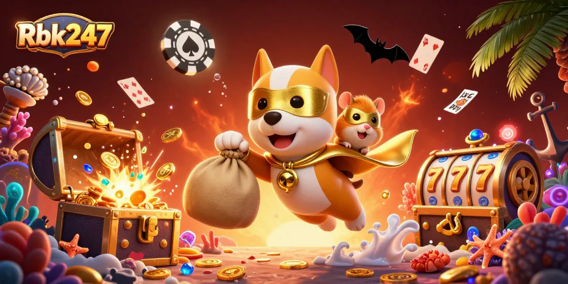 Join the excitement with Rbk247's superhero dog and hamster amid gold and gaming treasures.