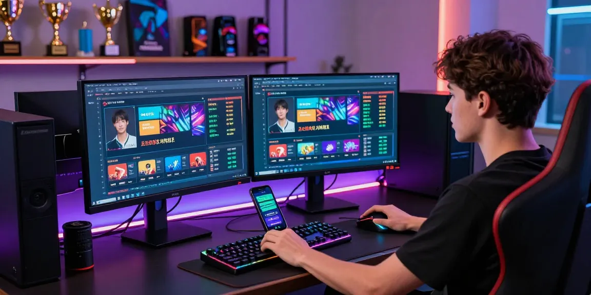 User engaged with 토토사이트 on dual monitors in a vibrant gaming setup.