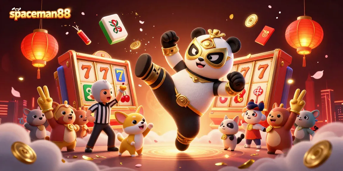 Experience the excitement of spaceman88 as a wrestler panda kicks through slot reels in an animated casino scene.