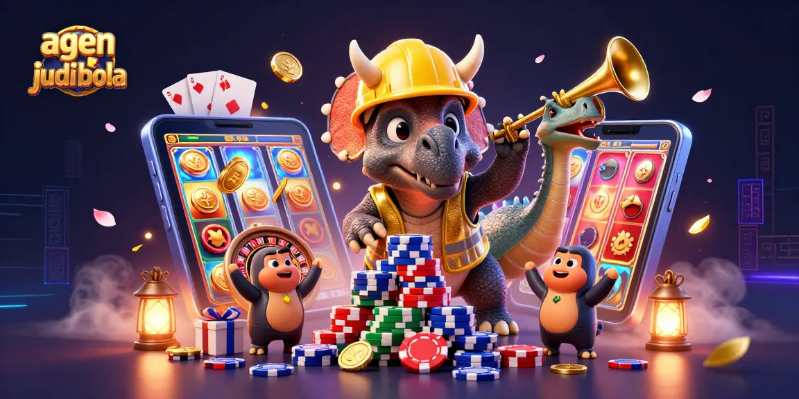 Engage in thrilling action with agen judi bola as a triceratops shapes poker chips amidst fun gaming elements.