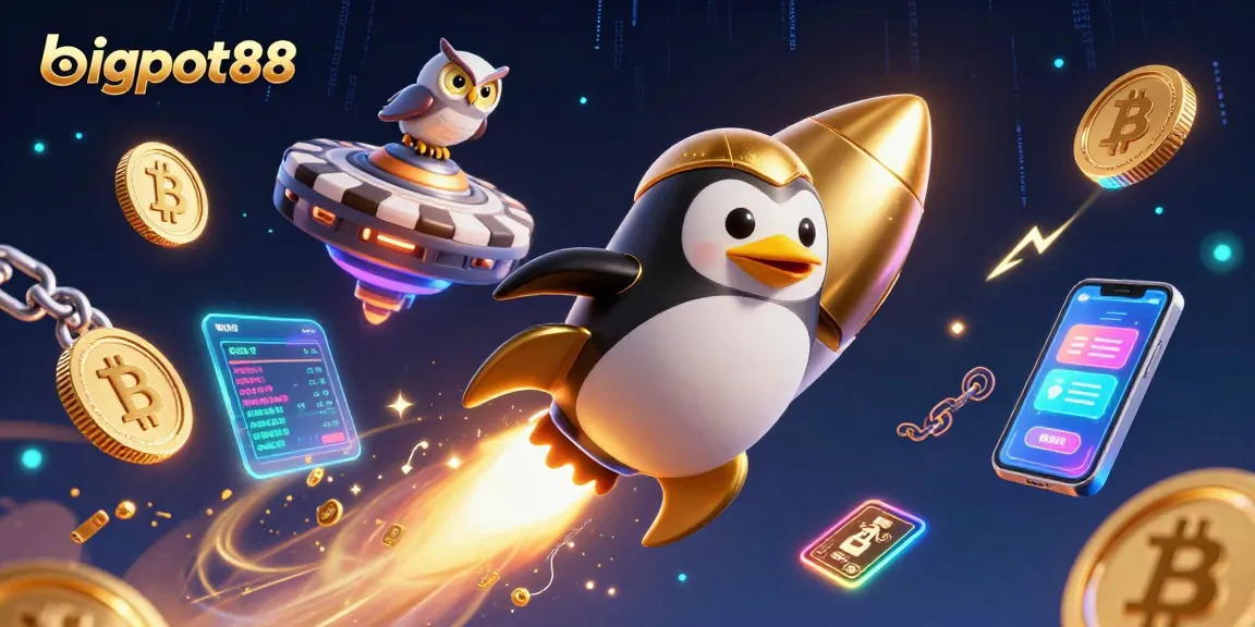Engage with bigpot88 in a dynamic esports arena, featuring a golden penguin racing towards victory!